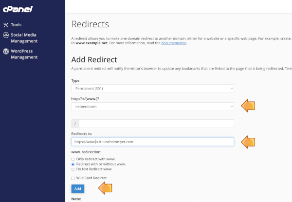 Enter the required information for the redirect.