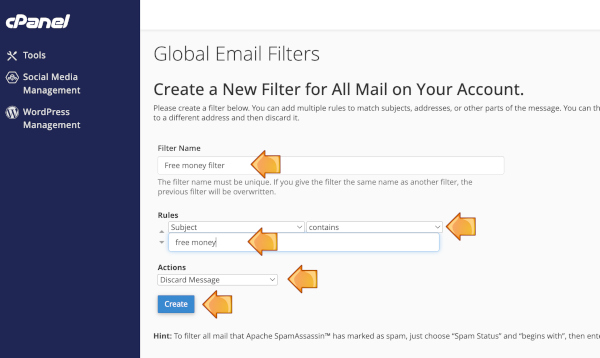 Create the rules for the spam filter.