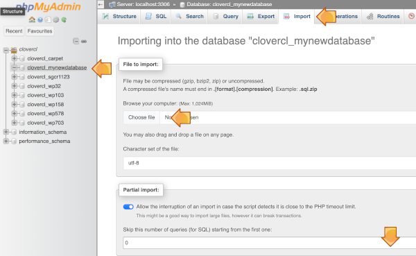 import a database using PHPMyAdmin in cPanel