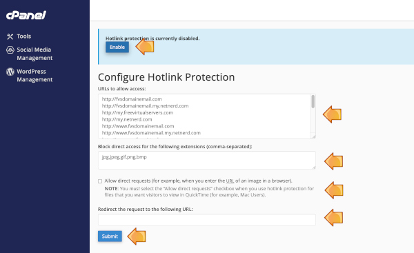 cPanel hotlink protection settings.