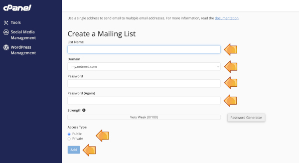cPanel mailing list settings