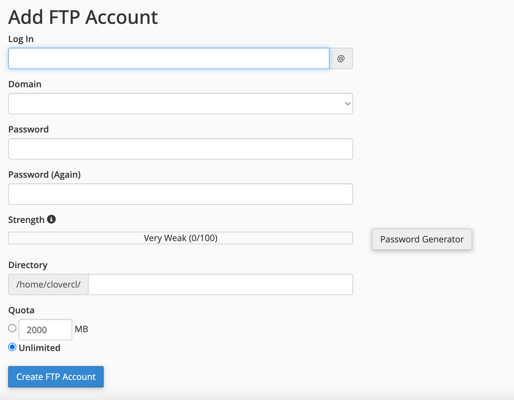 cPanel create an FTP account