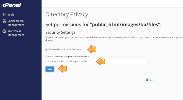 cpanel enable password protection for a folder
