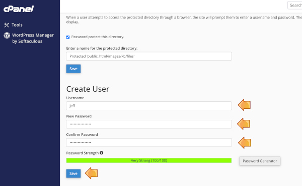 cpanel enable directory privacy username and password