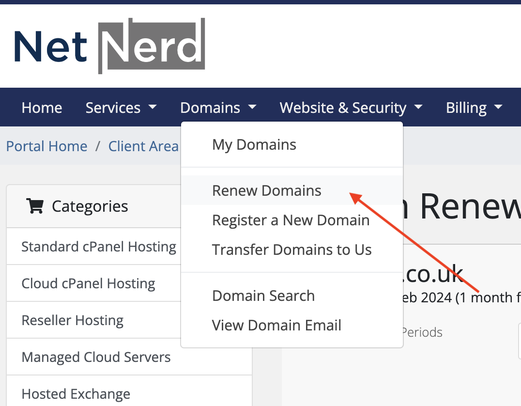 Renew domains menu