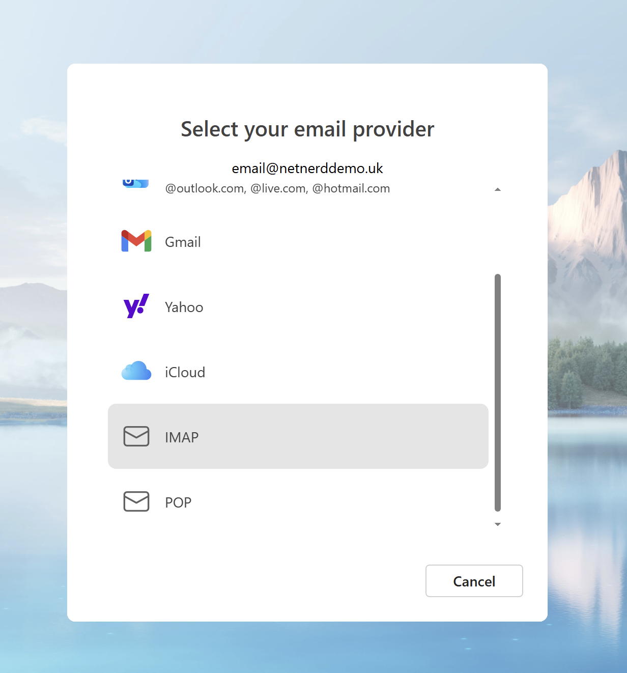 New Outlook choose IMAP server type